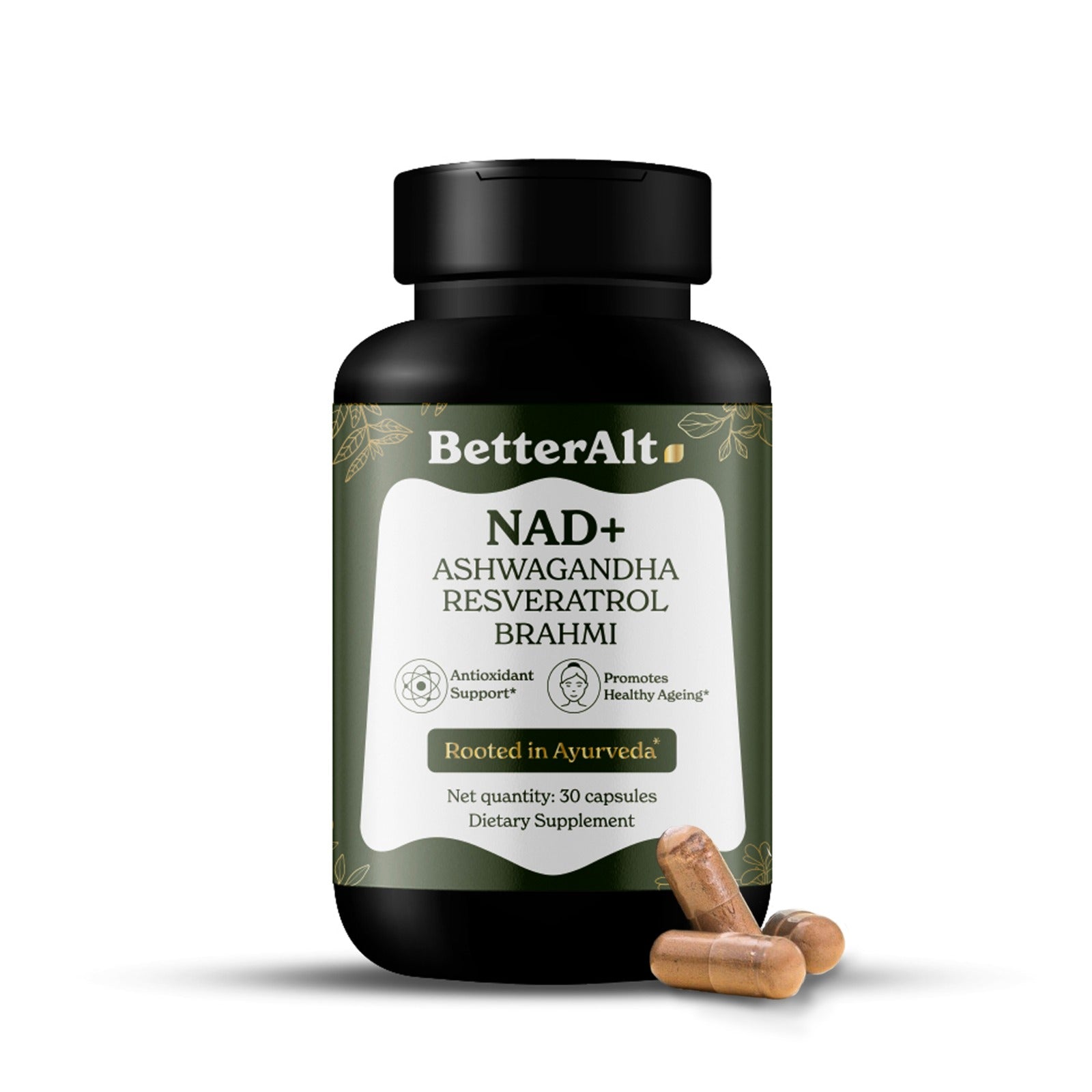 NAD+ Capsules | NAD+ Precursors, Resveratrol, CoQ10, Ashwagandha | 8 Ayurvedic Ingredients | Pack of 30 capsules