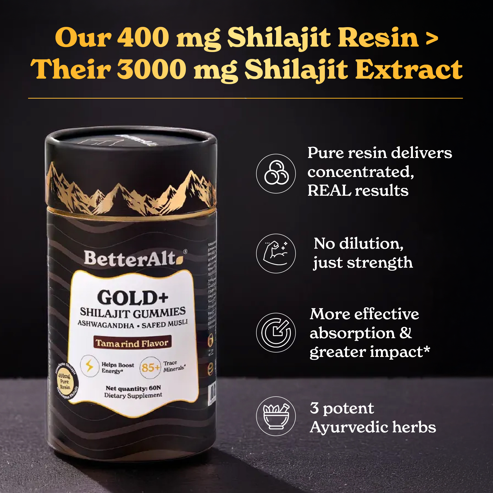 GOLD+ Shilajit Resin Gummies | Sourced from 16,000ft for Energy, Strength & Cognitive Support