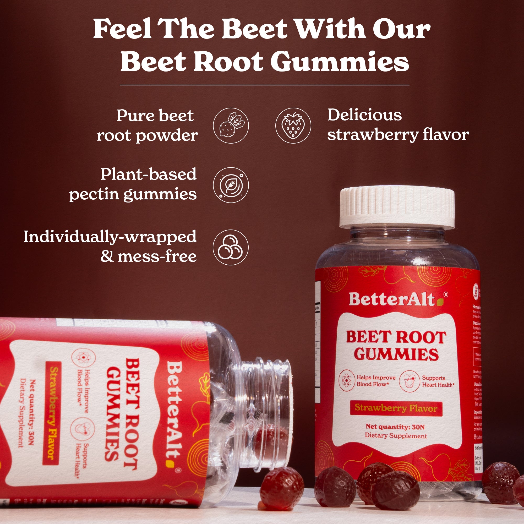 BetterAlt Beet Root Gummies | Pure Beet Root Powder | Strawberry Flavor | Supports High Absorption - 30 Gummies | Lab-tested for Purity