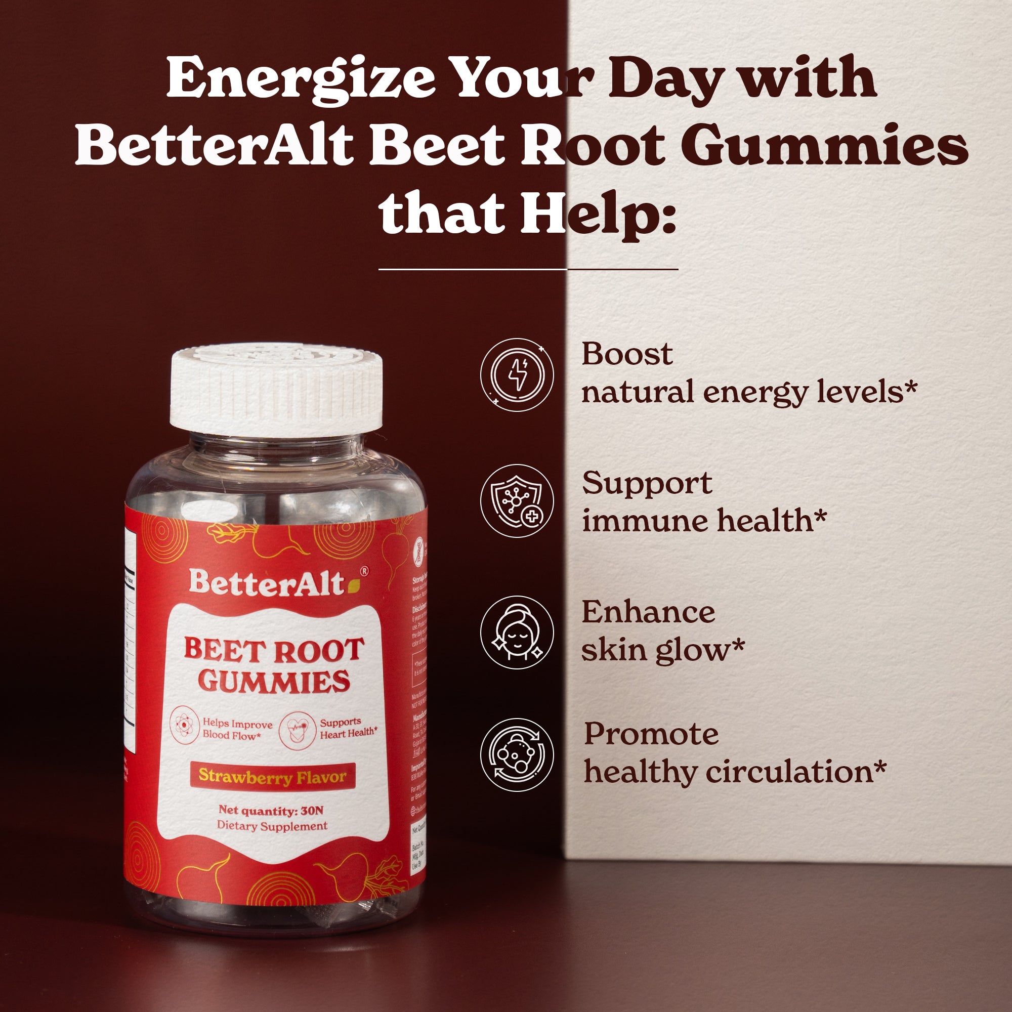 BetterAlt Beet Root Gummies | Pure Beet Root Powder | Strawberry Flavor | Supports High Absorption - 30 Gummies | Lab-tested for Purity