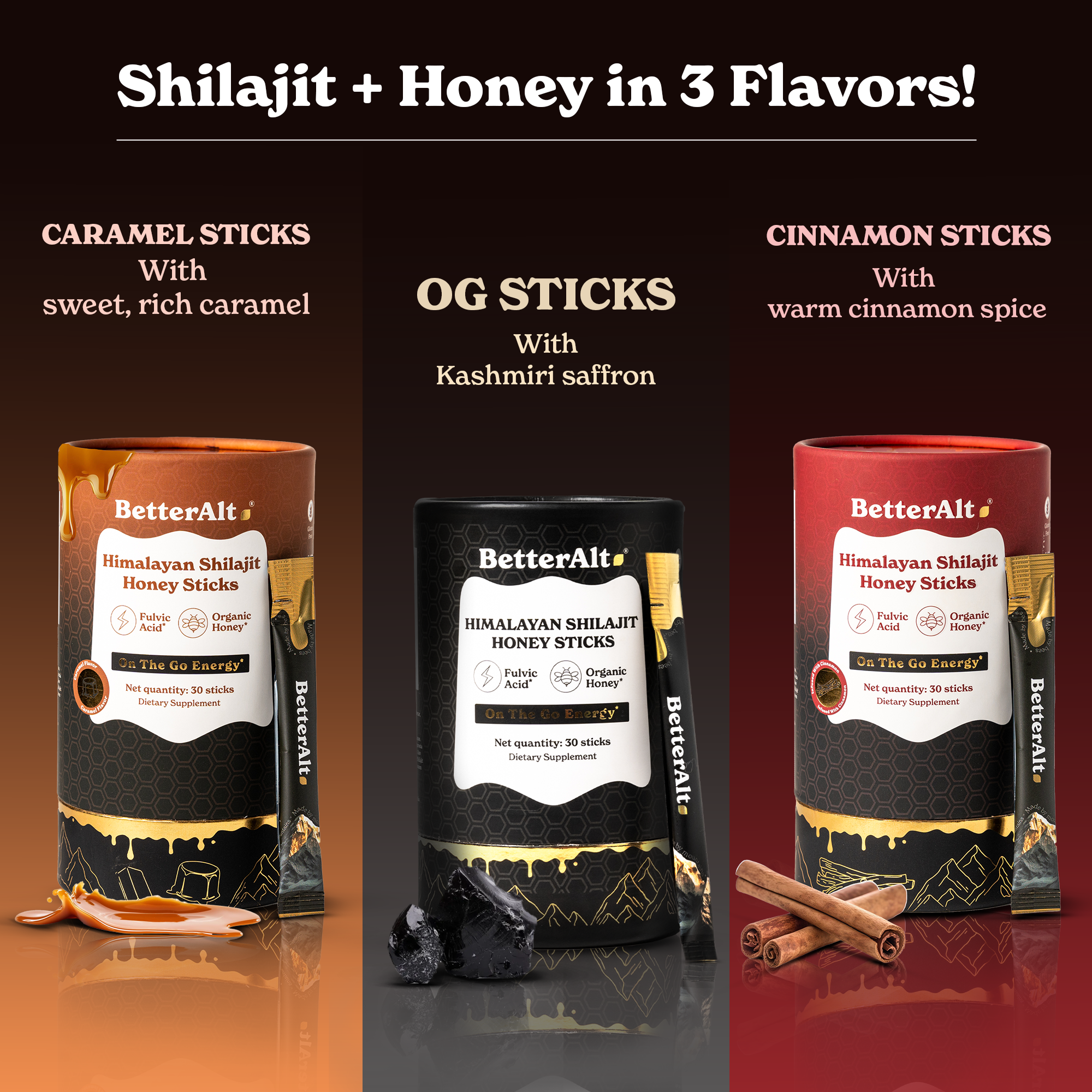 BetterAlt Shilajit Caramel & Cinnamon Honey Sticks | Himalayan Superfood | Lab-tested for Purity | Helps Support Energy & Stamina | 1 Month Pack Each